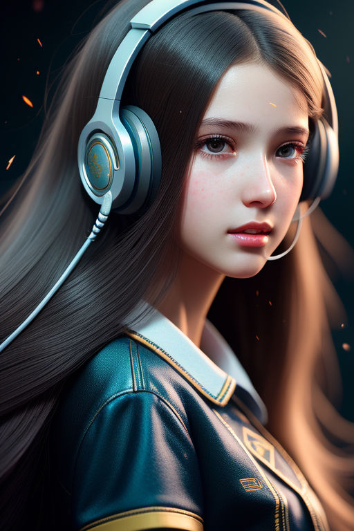 anime girl with headphones and blue hair