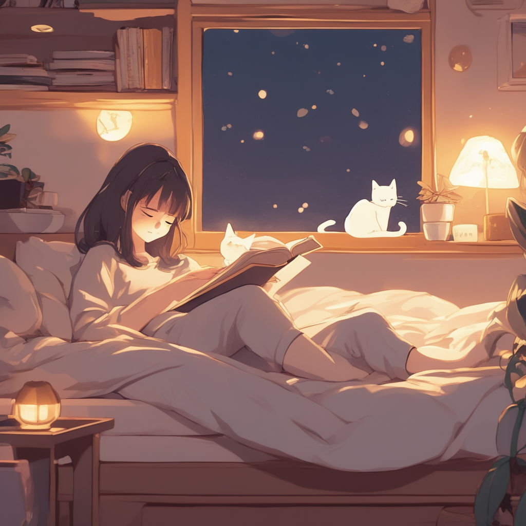 anime girl reading a book in bed