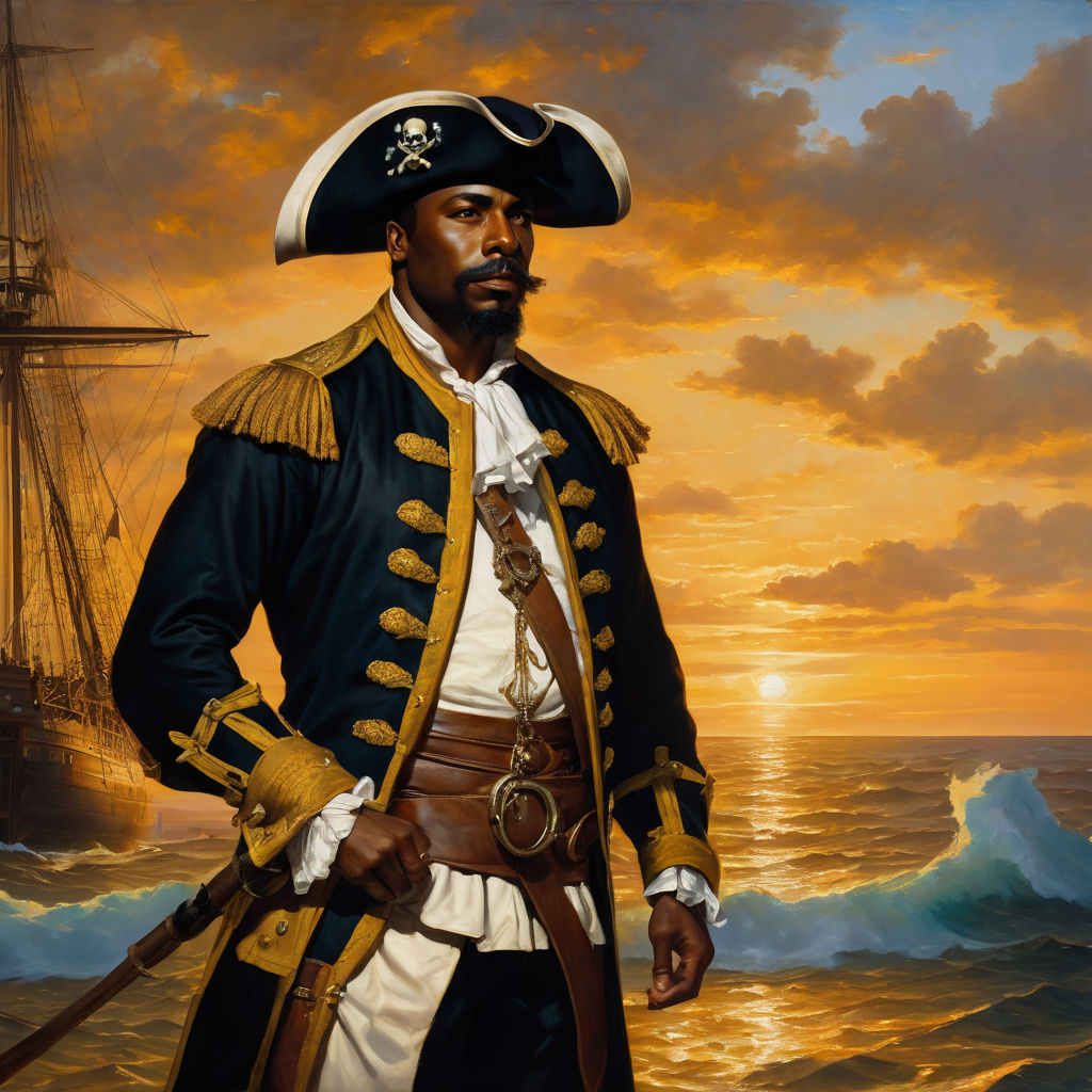 A photographic portrait of Denzel Washington as a pirate on a