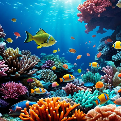 Colorful tropical coral reef with fish. Vivid multicolored corals in the  sea aquarium. Beautiful Underwater world. Vibrant colors of coral reefs  under bright neon purple light. AI generated Stock Photo