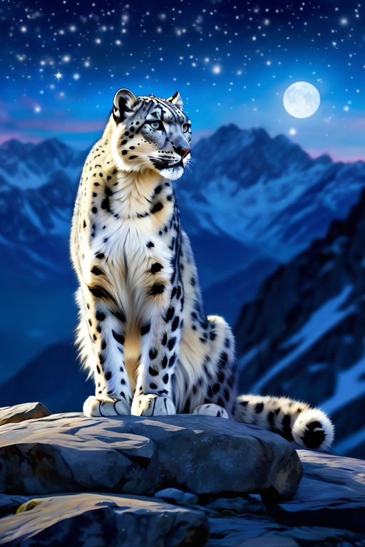 A snow leopard prowling along a craggy ridge, its grey coat