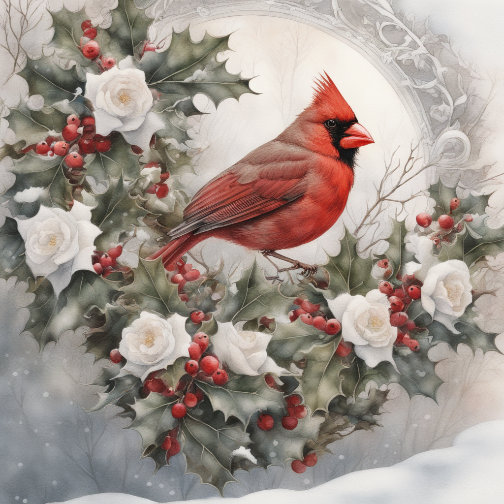 Northcott Cardinal Christmas 25481-10 White Multi Cardinals Holly Berries