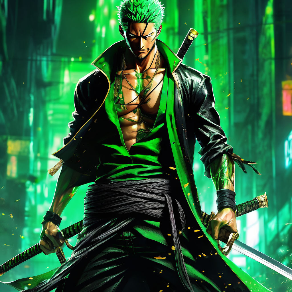 evil carchter style Zoro from one piece evil looking to camera