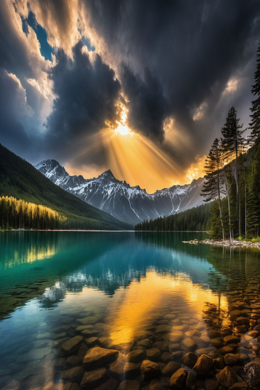 behind a lake reflecting dramatic sky with early sun-rise