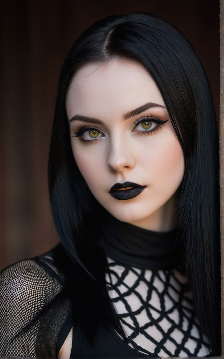 Close up portrait of a pretty, goth girl with dark hair posing in