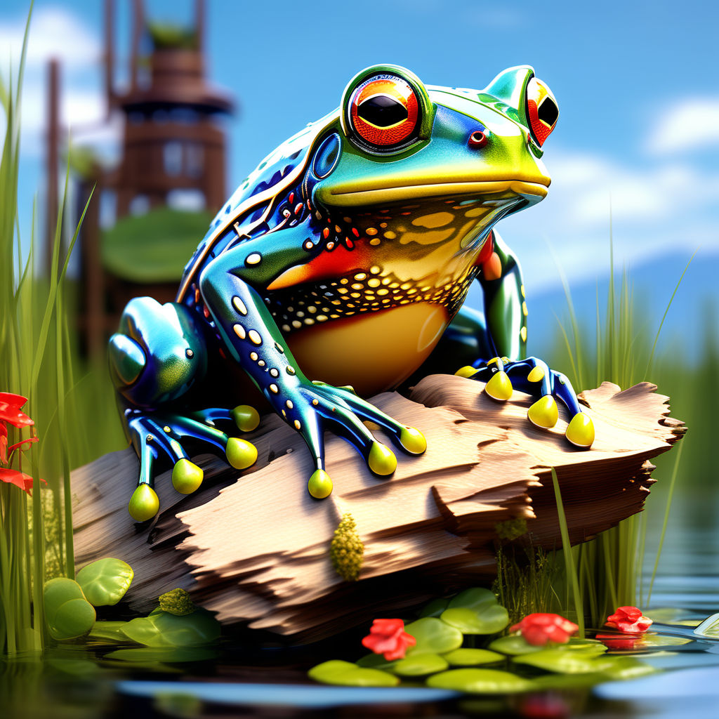 Portrait of a Frog sitting on a log by a swamp with a lantern and  smartphone. Lillypads and fireflies about. Nighttime and full moon and  twinkling stars. Realistic 3d. Swamp art. 