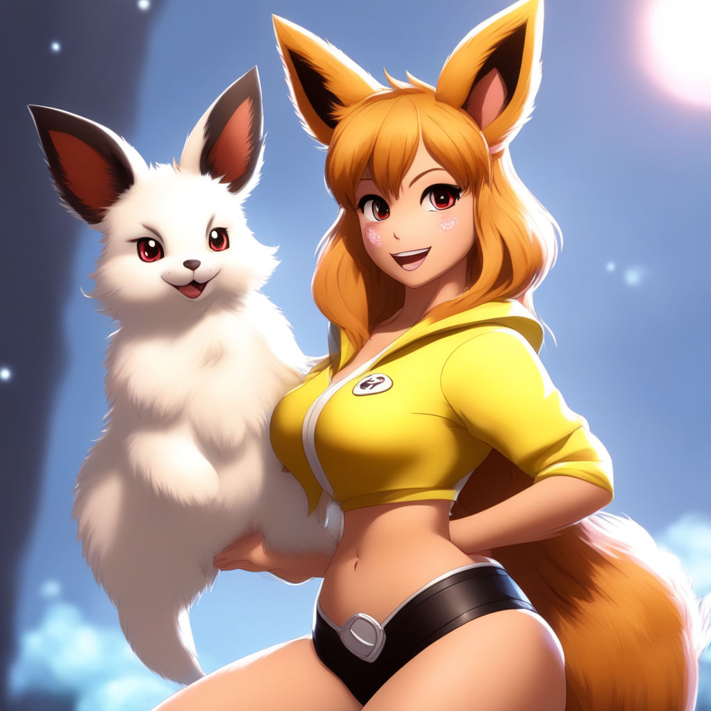 Chubby humanoid kitsune girl in tight crop top and tight jean shorts with  big belly. - Playground