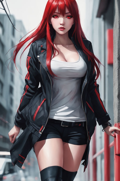 anime girl with long blood red hair