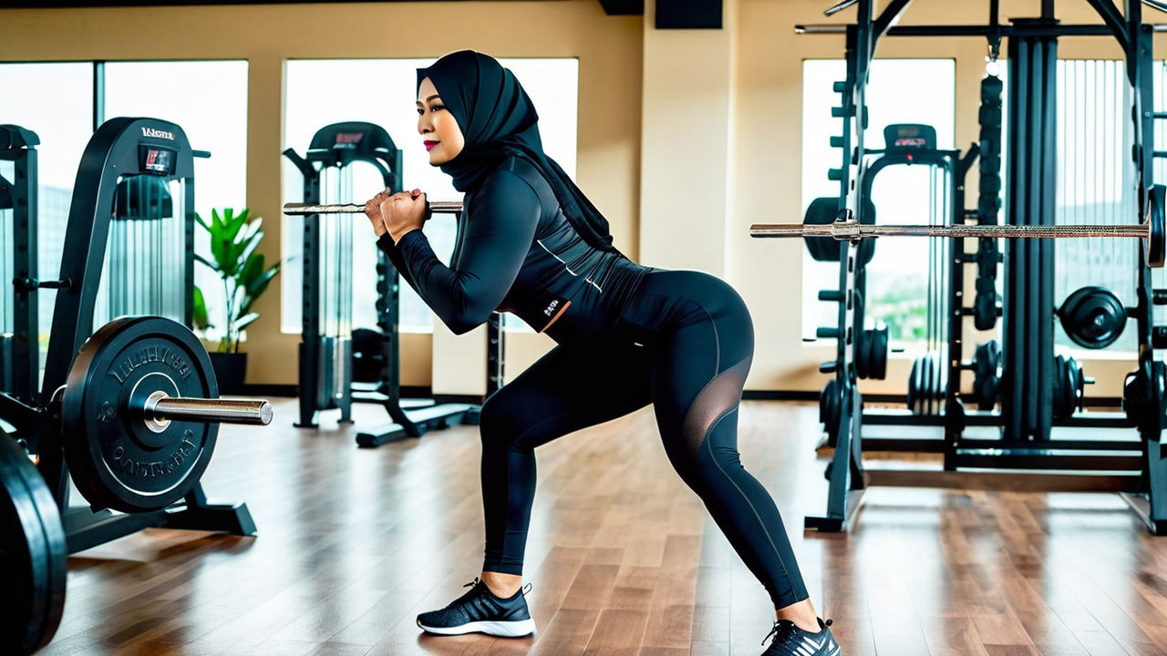 1girl, standing, hijab, malay face, curvy, gymwear, leggings, fit body on  Craiyon