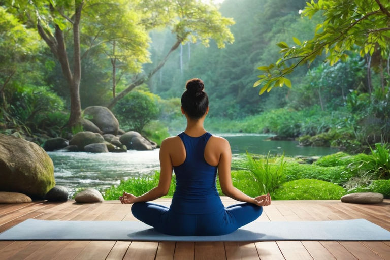 Yoga meditation, yoga teacher, nature buddhist, practicing yoga, zen  buddhism. Generative AI. Stock Illustration