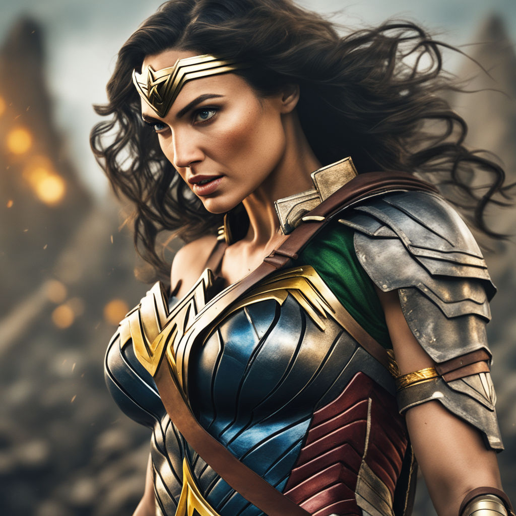 Prompt: A realistic photo of Wonder Woman, with armor in the colors of Brazil, Full HD, cinematic.