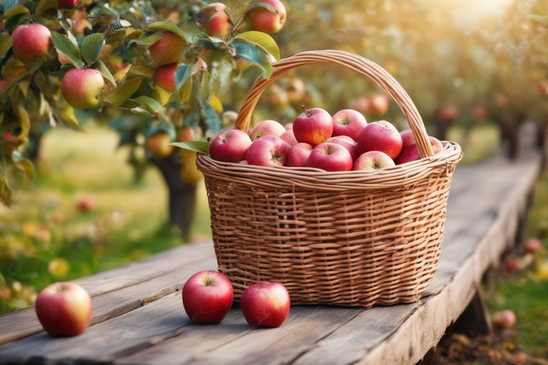 Red apple and green apple in basket with burlap background texture