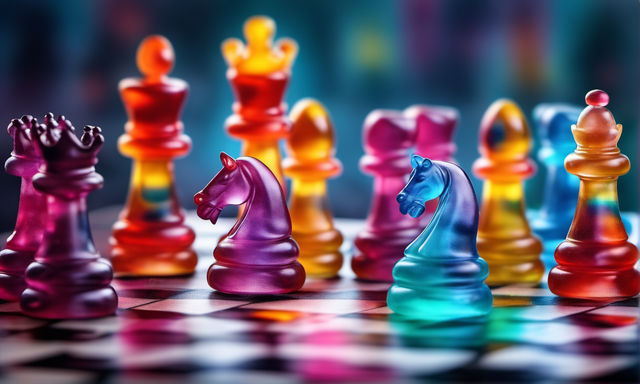 A futuristic chess board with neon lights and unique pieces against a  cosmological background