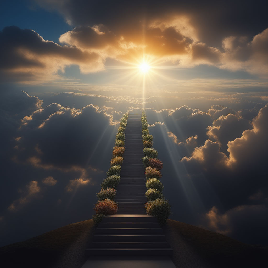 Stairway to Heaven in Cloudy Sky with Sunlight Rays Shining Down