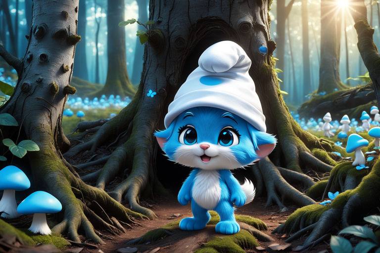 Cat dressed as smurf in the forest