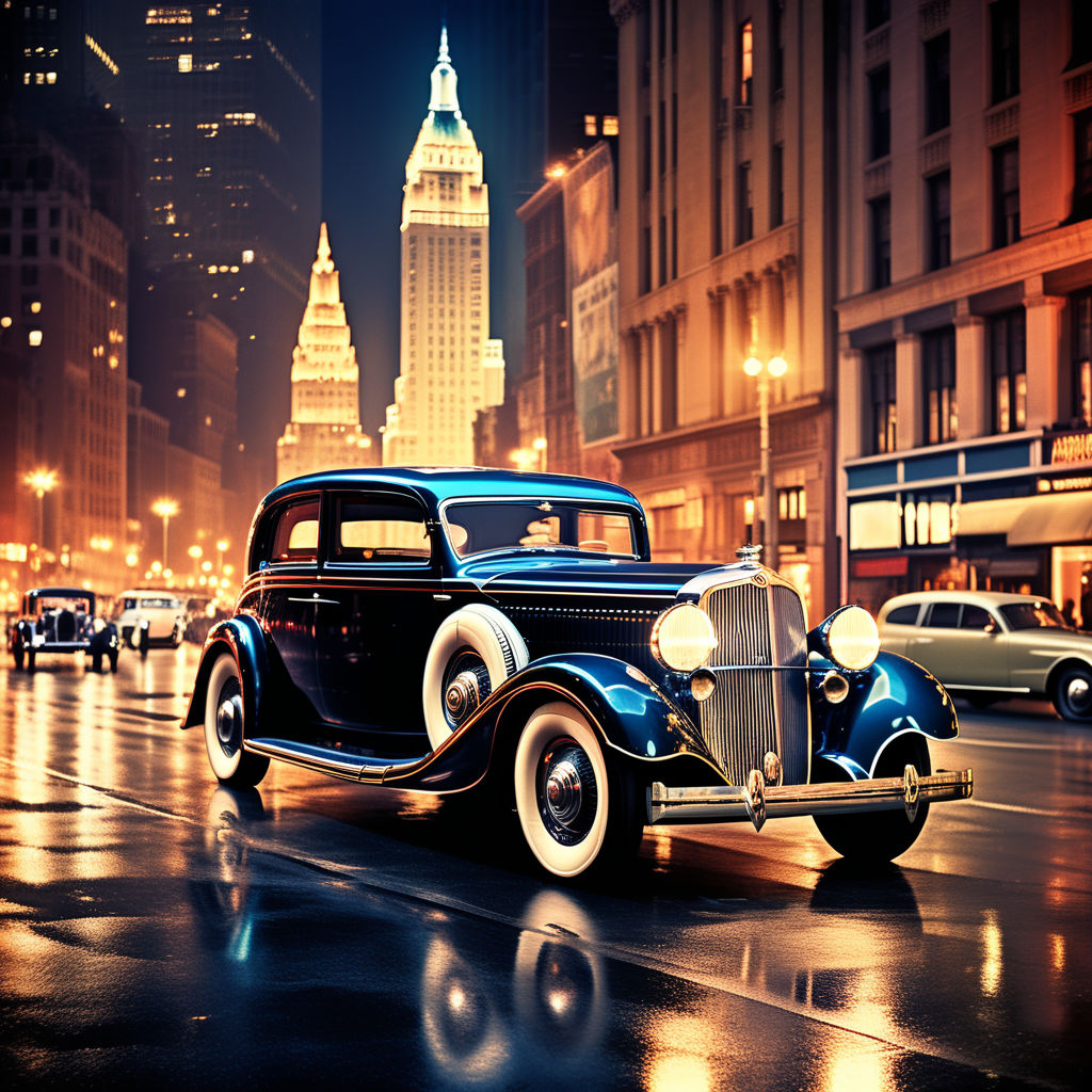 where a well-dressed aged individual wearing a fedora leans against a classic  car looking in front - Playground