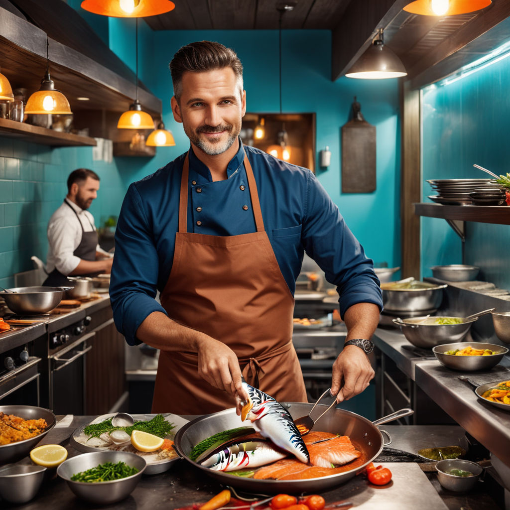 The chef cooks small octopus on a metal frying pan at the