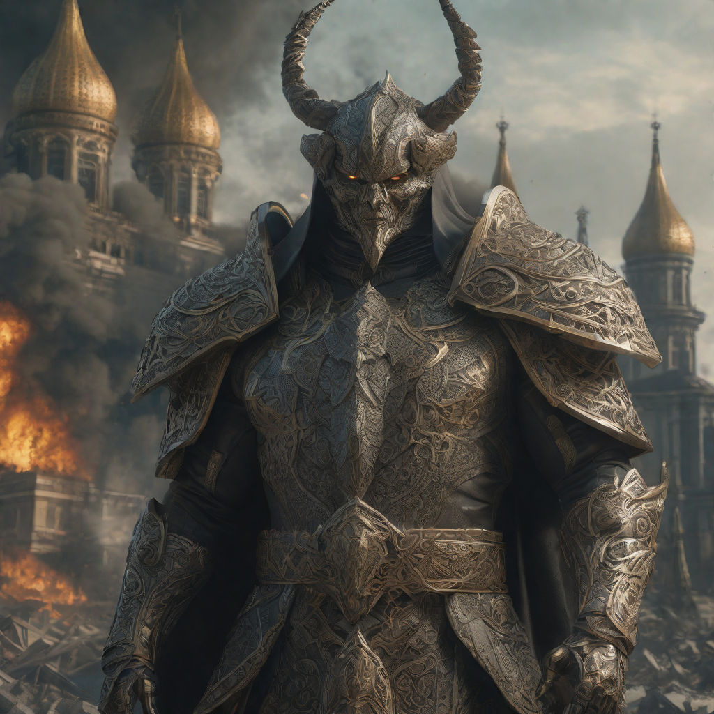 wearing black metal plate armor and a dark helmet with long horns