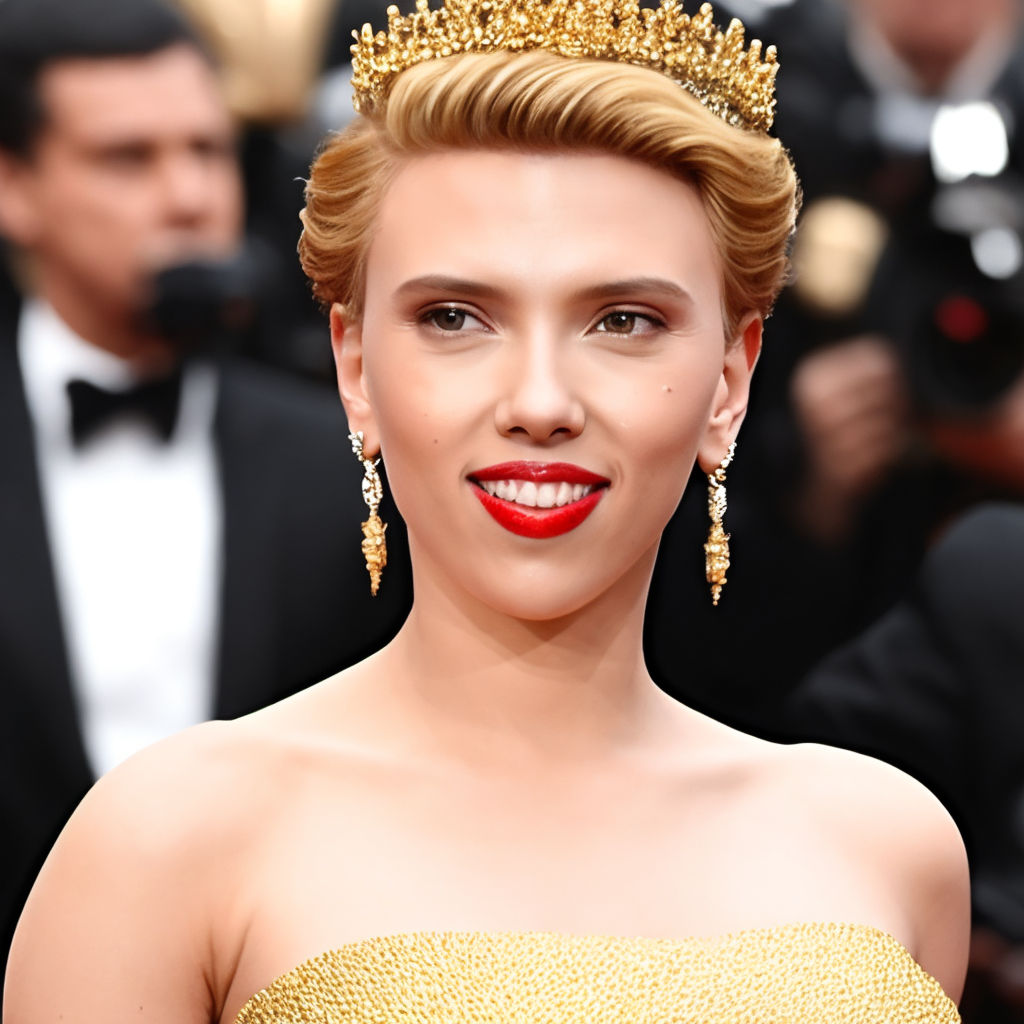 Prompt: imagine-Scarlett Johansson-dressed like a queen-black strapless dress-gold tiara on her forehead-long brown hair-brown eyes