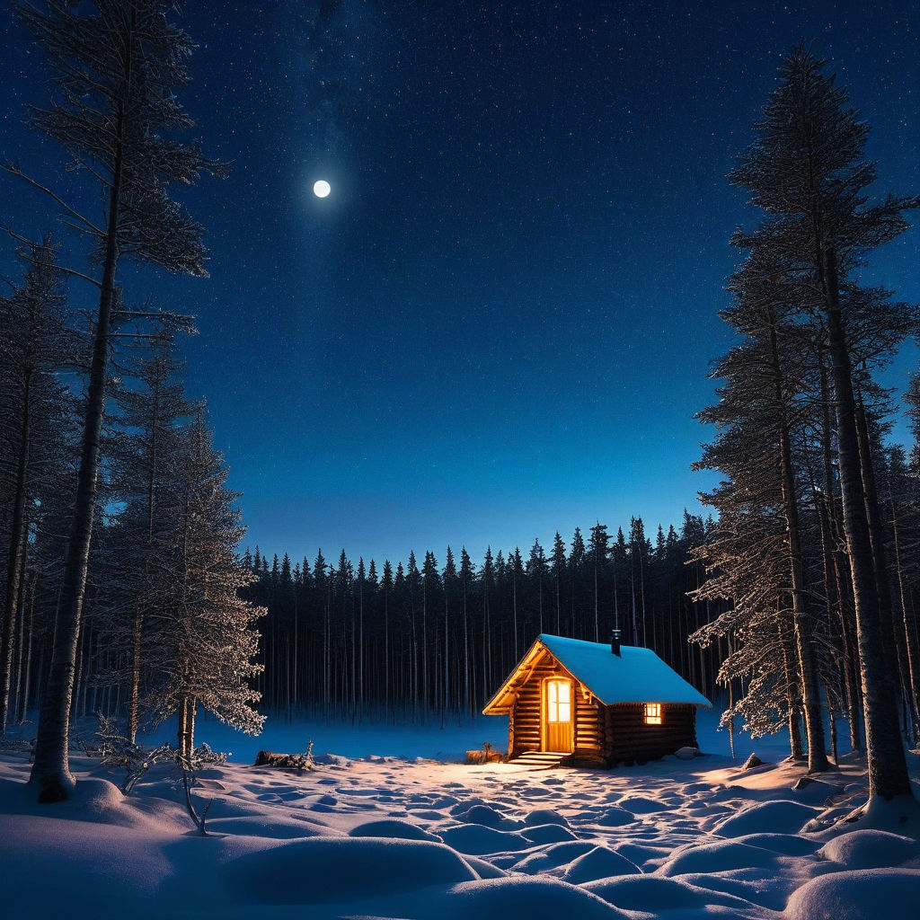 A starry winter night with mountains in the distance and cabin up