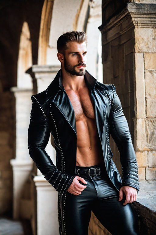 Dressed in shiny medieval tight black leather clothes - Playground