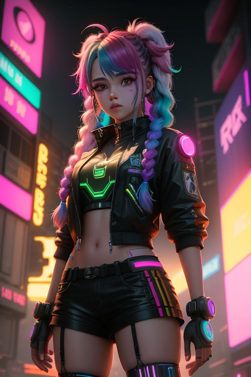 Colorful Braid Cyberpunk Anime Girl | Sticker