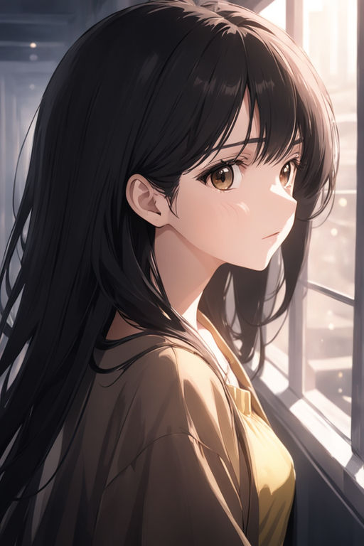 Dark brown hair anime adult girl with black highlights