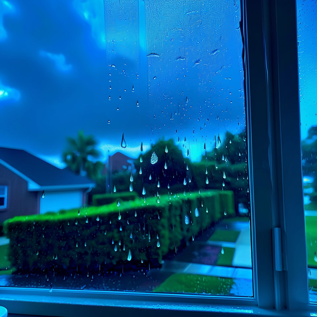 prompthunt: dark photo of dark blue rainy bedroom window at night