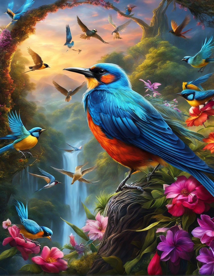 flying birds and apples trees and vibrant flora that defy the laws of  gravity. The colors should be rich and vibrant" - Playground AI