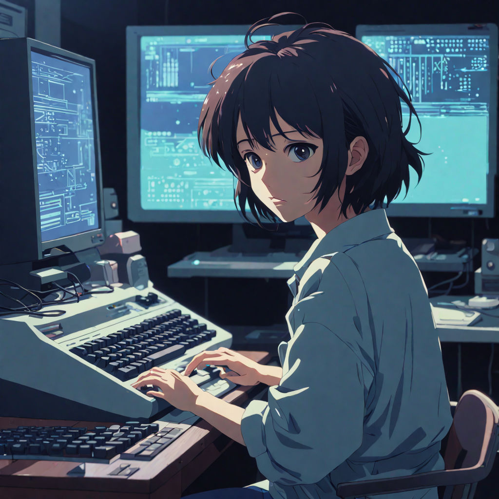 Lexica - Create a high resolution artwork of lofi ,Anime Girl is programming  at a computer in a room full of gadgets, snown ,web developer, by makoto...