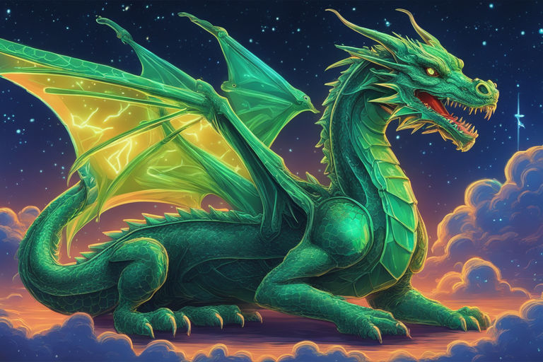 Green Dragon in the cave, the lord of dragons, has good platinum scales,  bright eyes, and is surrounded by dazzling gold and green lights.  generative ai Stock Illustration