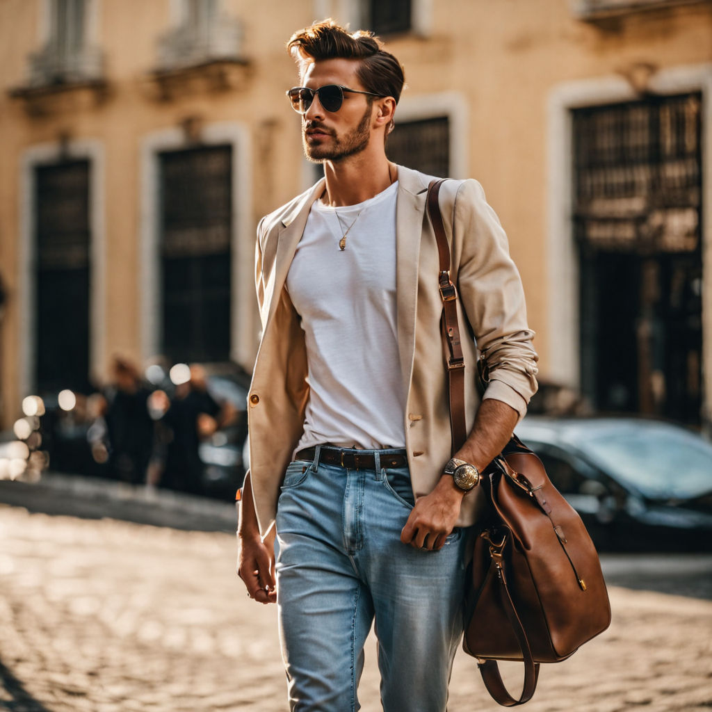 Young confident hipster man with beard in glasses posing on the street in  old town. Attractive man wearing a suit, white shirt and light trousers.  Stock Photo