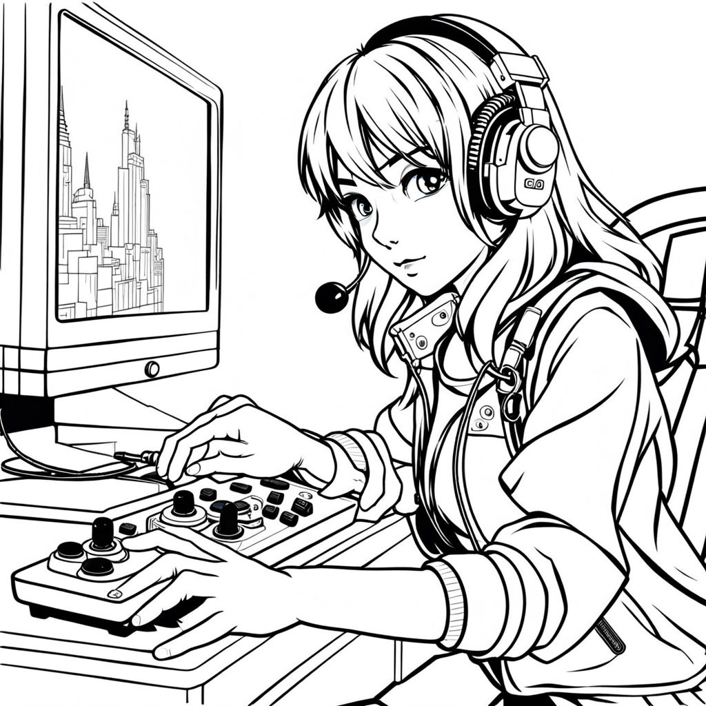 prompthunt: anime drawing of a gamer girl playing a game on her computer,  portrait shot of her face lit up by the monitor, dark atmosphere