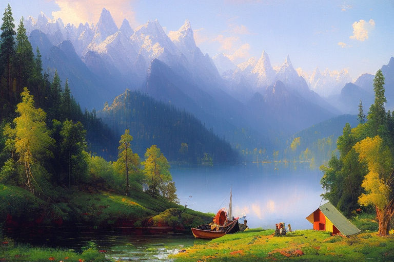 a captivating painting depicts a small fishing boat peacefully moored at  the pier on a mountain lake. The sun illuminates the majestic peaks -  Playground