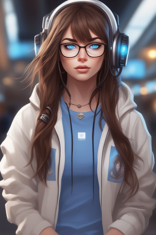 anime girl with brown hair and blue eyes and headphones