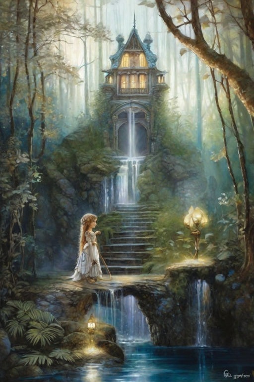 Elven castle near waterfall in the forest, magical fairy world