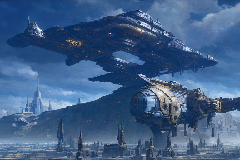 featuring colossal battleships from distant worlds engaged in an epic  interstellar war. The scene captures the iconic space opera essence -  Playground