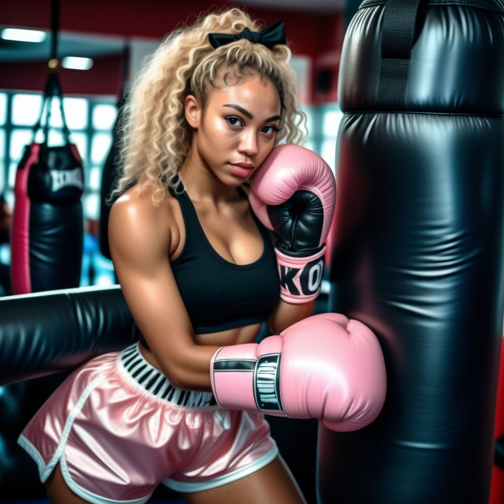 Determined, tough young female boxer shadowboxing in gym