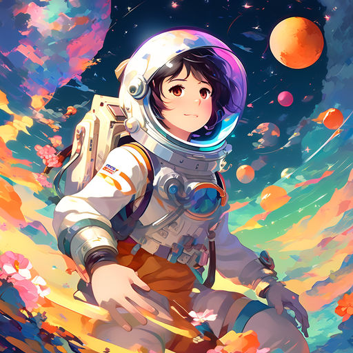 Lexica - An anime astronaut wearing a helmet with a galaxy in the  background , symmetrical portrait, facing directly forward, cozy indoor  lighting,de...