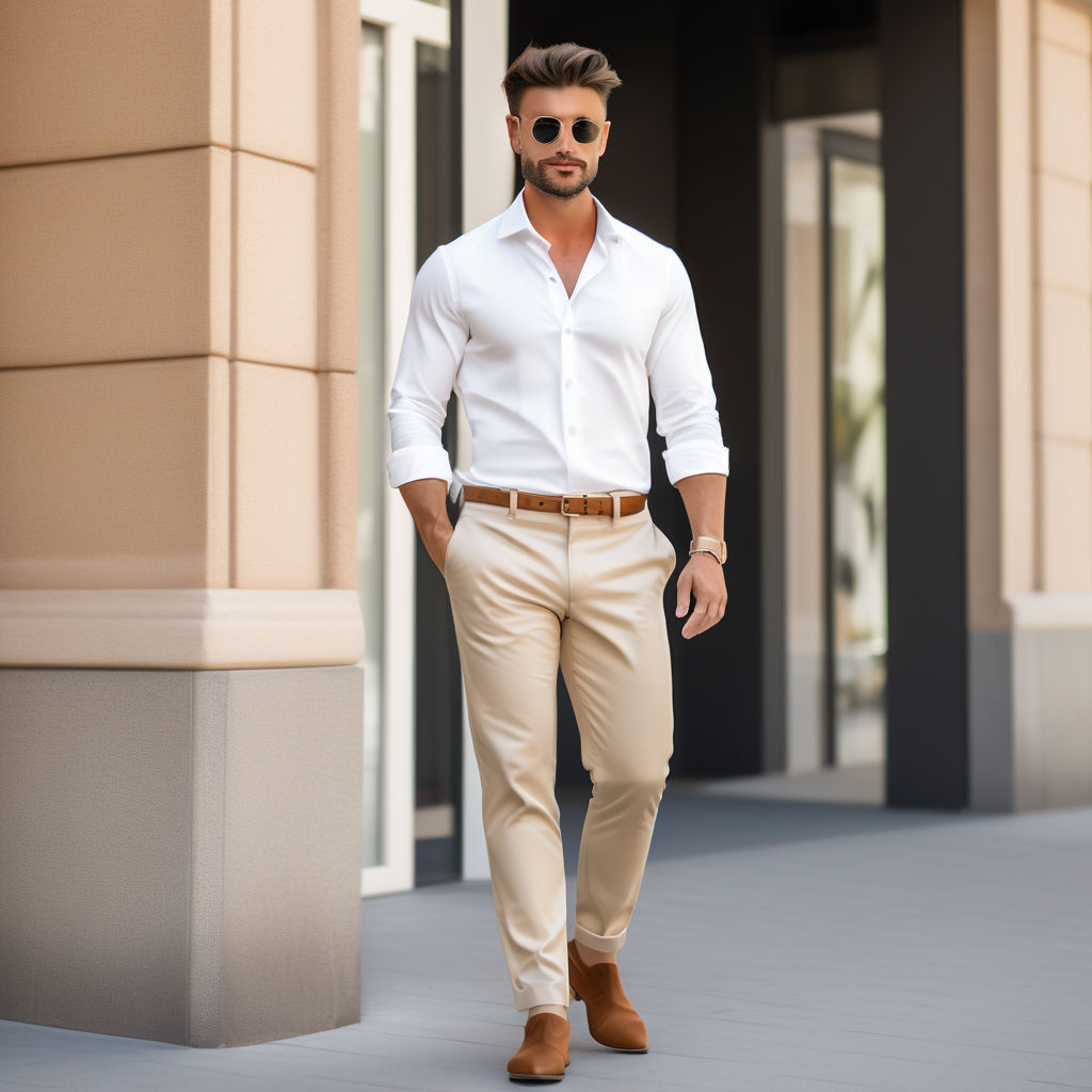 Vertical full length image of fashionable hipster guy getting dress, going  to wedding, holding hand on