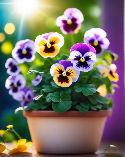 Blue pansy flowers blossom on green leaves blurred bokeh