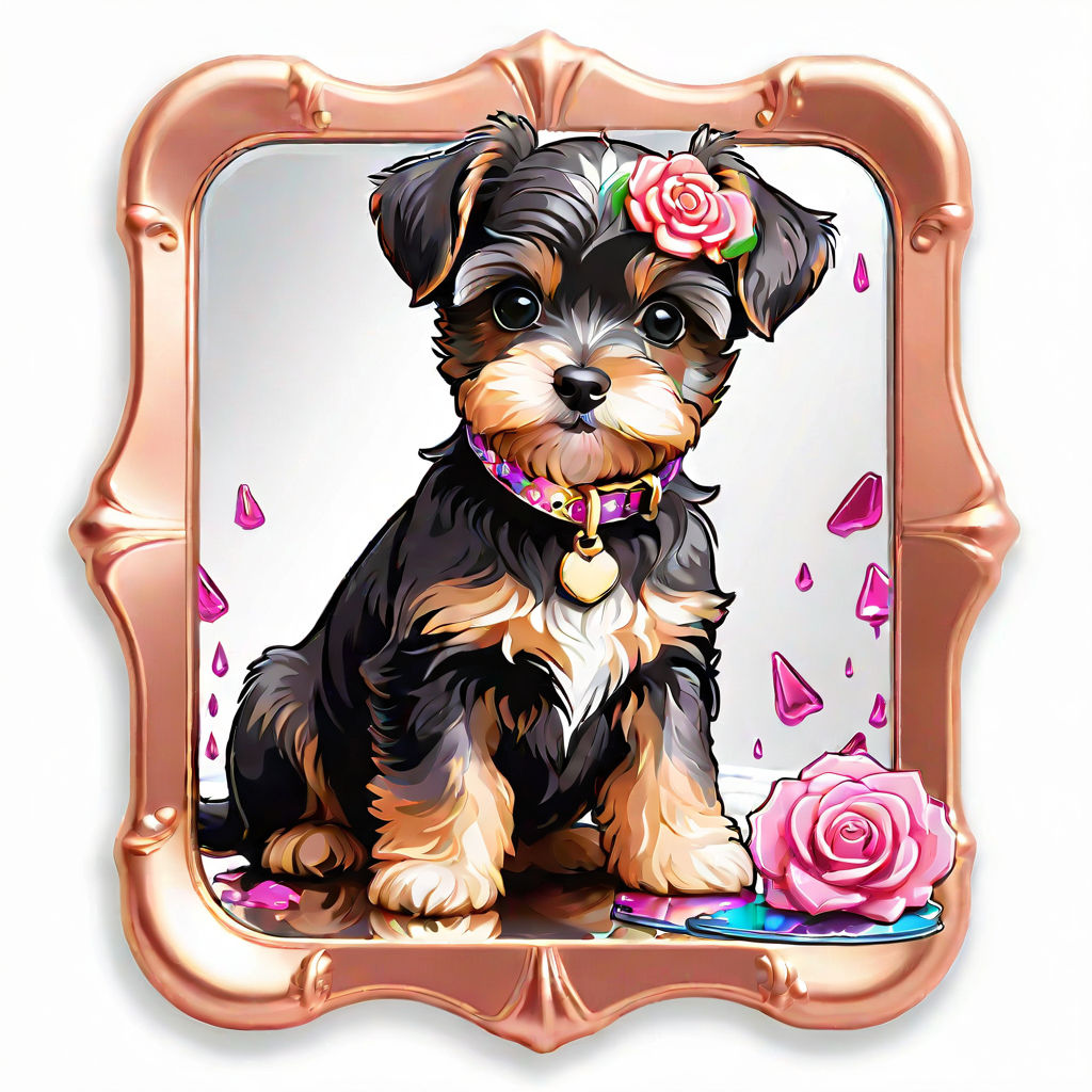 Prompt: 2D cartoon very photo realistic digital painting, flat graphic vector square sticker with white outline, Pixar cartoon art style, delightful very photo realistic image of a very happy very cute Miniature Schnauzer x Toy Poodle puppy wearing a fancy collar and mischievously splashing through a rose gold multicolor colorful mirror-like glossy iridescent liquid chrome puddle in front of a white background, iridescent vivid colors, pastel bubbles butterflies and precious jewels complete the magical scene, full body, proportional limbs, SOLID WHITE BACKGROUND