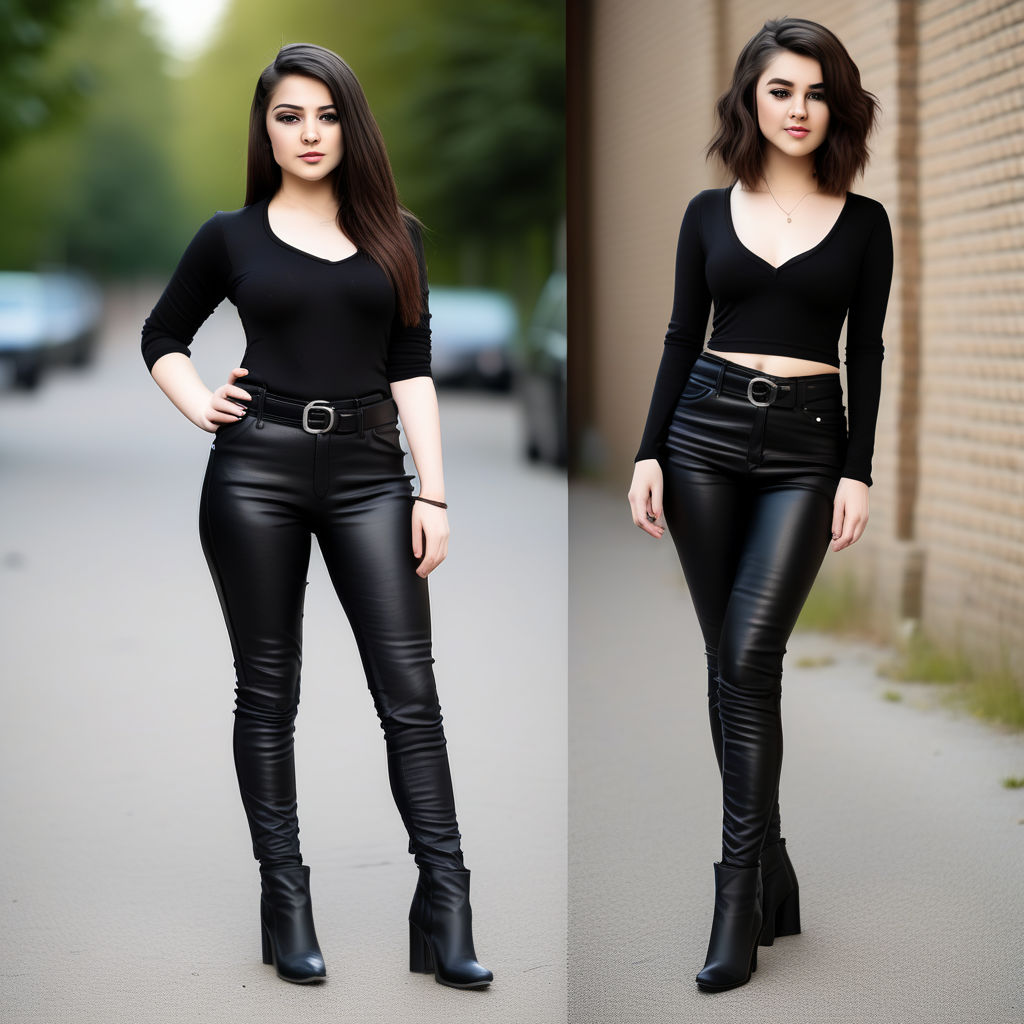 20 years old toned girl wearing black old leather pants - Playground