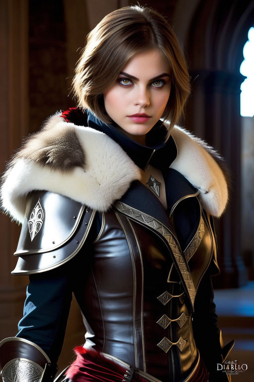 Cassandra Pentaghast in black knight armor with big fur collar