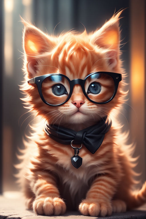 Cute Kitten Wearing Glasses and Sitting Cartoon Kawaii Chibi