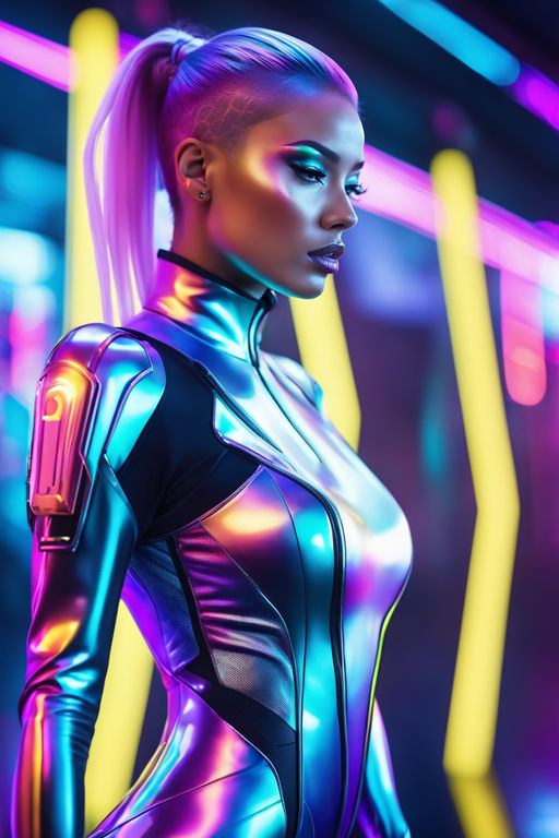 A cyberpunk styled portrait of a young woman wearing neon clothing. a  futuristic high tech dude. the ideas of cyberpunk and virtual reality.  Perfect for posters or phone wallpaper. Generative AI Stock