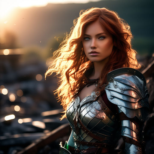 beautiful redhead curvy girl, Armor, castle background