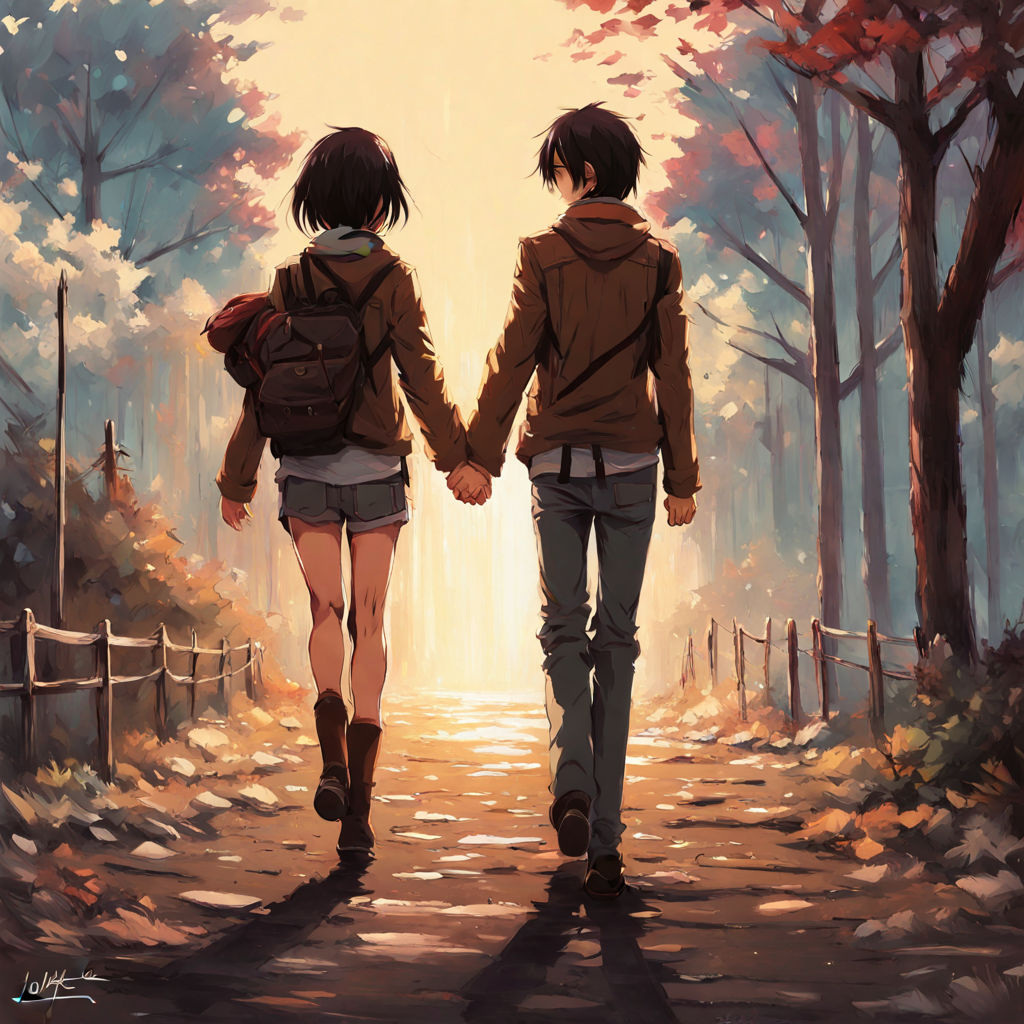 anime holding hands and walking