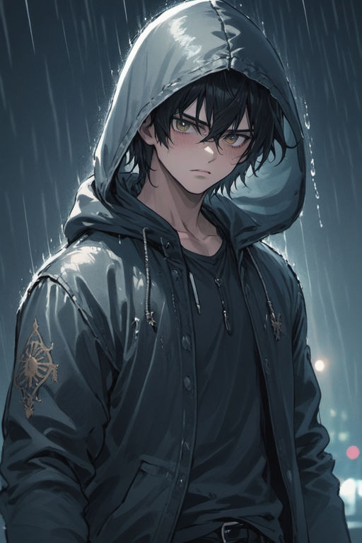 Dark anime guy in a rainy cityscape wearing a black hoodie