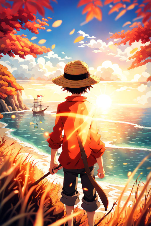 Back view of Luffy from the One Piece manga fishing at the beach -  Playground